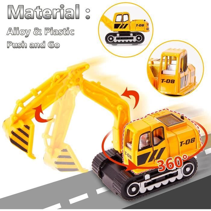 FORMIZON Camion Transporteur Avec 6 Véhicules Chantier – Musique, Lampe, Grue, Panneaux – Set Complet 1 Wagon + Tête + 9 Engins – Jaune – Dès 3 Ans
