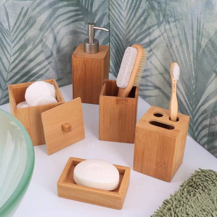 Lot 4 Accessoires Salle De Bain Bambou Rétro - Porte-Savon, Distributeur Savon, Plateau, Gobelet - Style Japonais Naturel