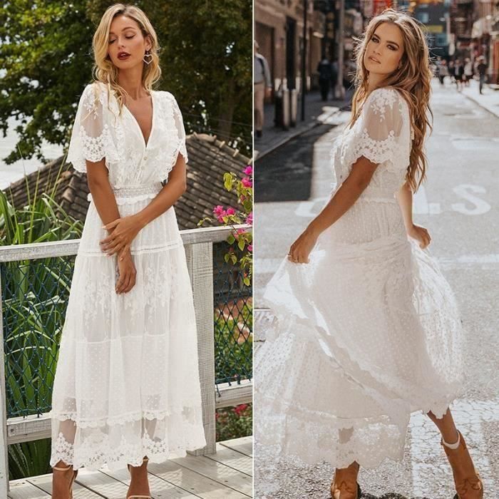 Robe Evider robe blanche Sexy femmes longue robe en dentelle croix Semi transparent plongeon col en v manches courtes Type blanc Blanc Cdiscount Pret a Porter