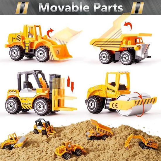 6 Véhicules De Construction DKLQXCE – Métal Et ABS, Camions Et Pelleteuses Jaunes, Jouet éducatif Dès 2 Ans