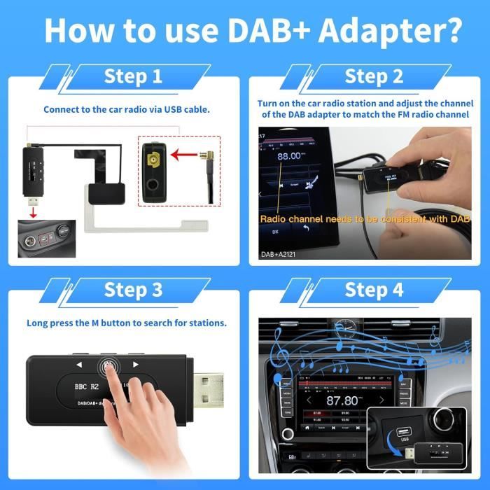 Antenne Dab/Dab + Antenne Voiture Adaptateur Radio de Voiture Bluetooth FM  Transmission sans Fil pour la Radio Dab Autoradio,Adaptateur Récepteur