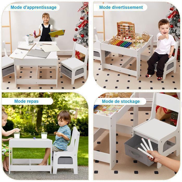 Table Et Chaises Enfants 4 En 1 - Bureau Avec Tiroir, Plateau Amovible Et Bibliothèque, En Bois