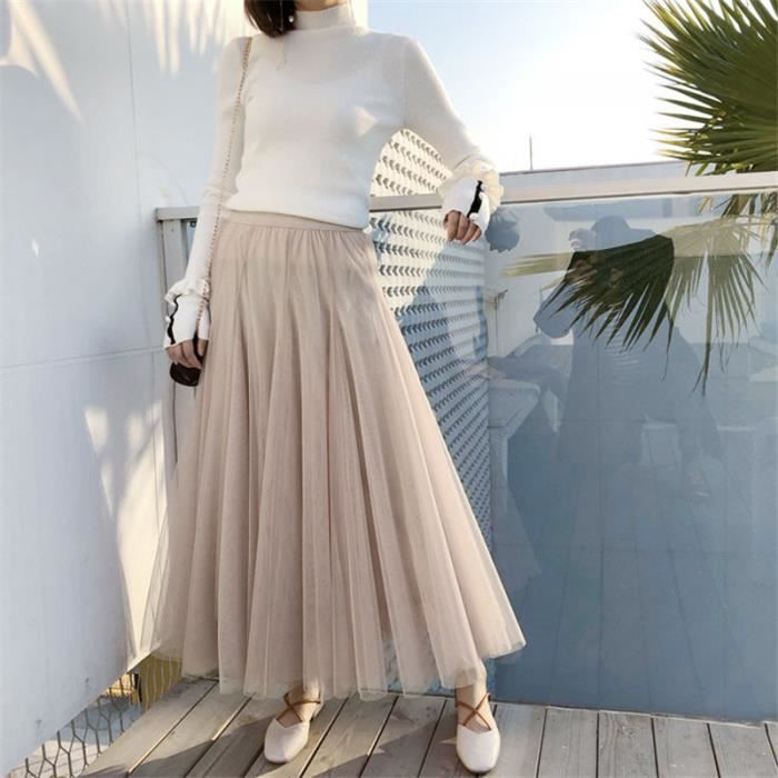 Jupe longue plissee en tulle pour femme Beige F7879 Blanc Cdiscount Pret a Porter