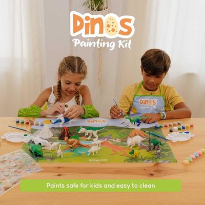 Kit De Peinture Dinosaures – 14 Figurines Dont 6 Phosphorescentes, 2 Voitures, Volcan, Peintures Morandi & Métal, Tablier, Tapis – Dès 3 Ans