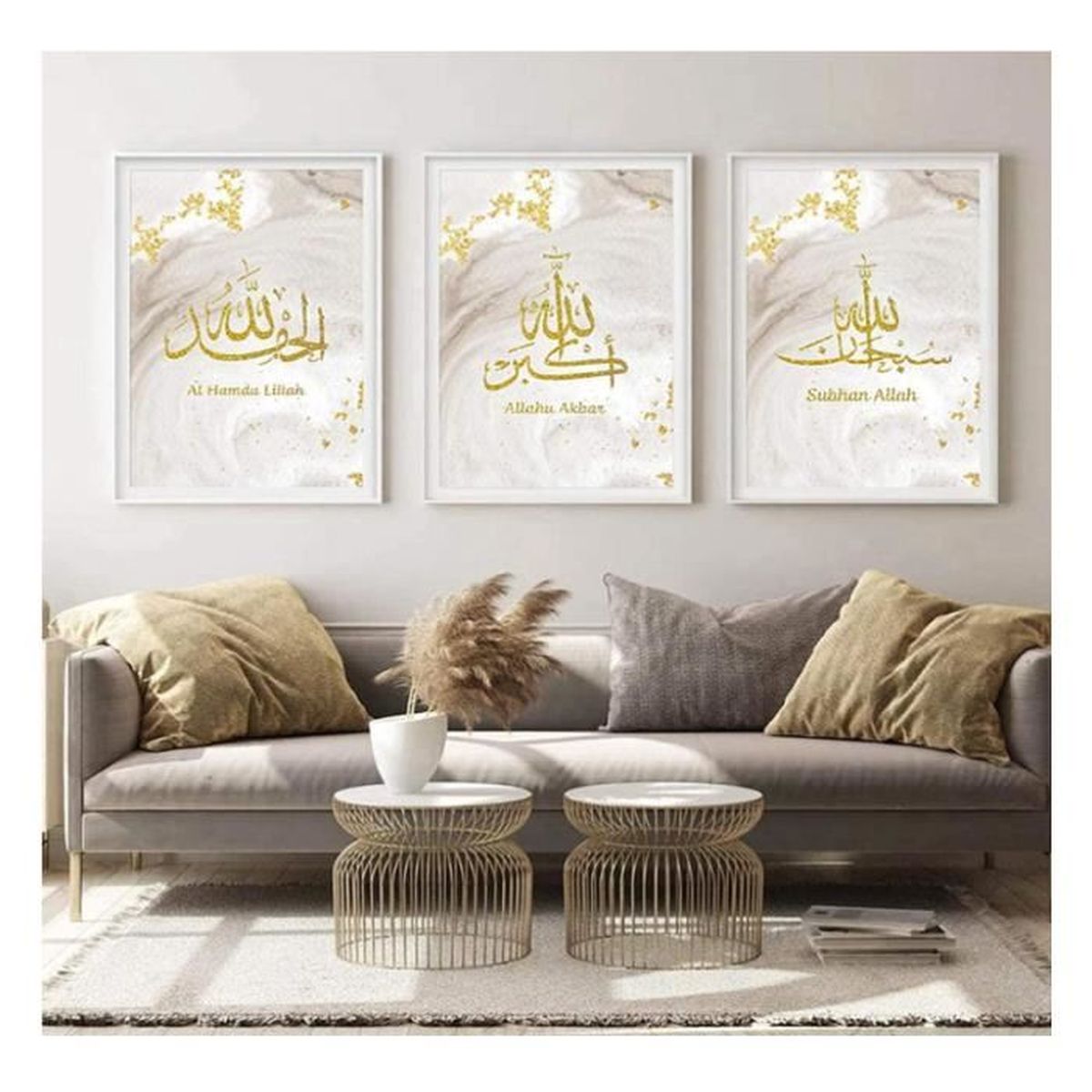 Set De 3 Posters Calligraphie Arabe Tableau Islamique Doré Décoration