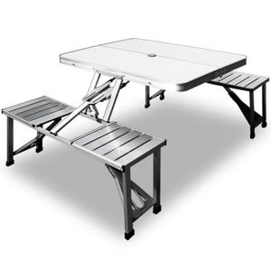env 110x70cm Table de pique-nique Pliante en Mallette 4 Tabourets Table Table de Camping Portable Réglable en Hauteur |Aluminium et bois de Bambou