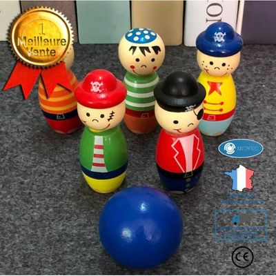 Mini Jeu De Bowling En Bois 30x10cm Avec 10 Quilles Et 2 Boules En Acier - Occasion TBE