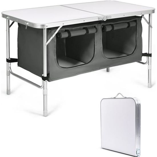 COSTWAY Table de Camping Portable avec 2 Compartiments de Rangement Réglable en Hauteur Table Jardin Compacte pour Pique-Nique