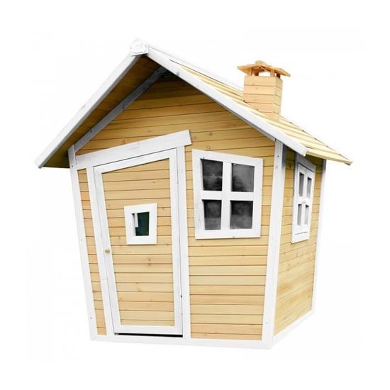 Maison de jeux pour enfant en bois FSC AXI Alice - Marron & Blanc - Cheminée sur le toit - Fenêtres inclinées