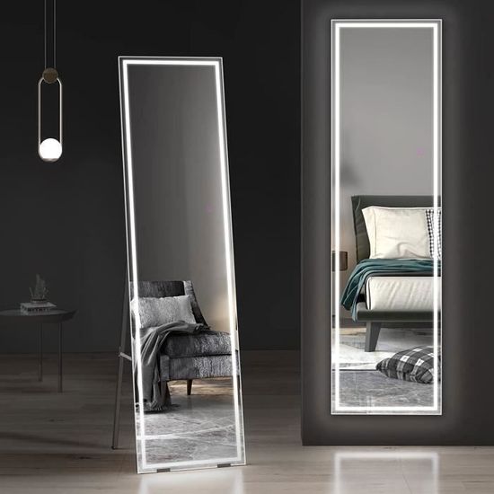Dripex Miroir Sur Pied LED 150X40cm, 3 Réglables Couleur, Tactile, Cadre En Alliage D'aluminium, Montage Mural Ou Au Sol-Blanc - Maison