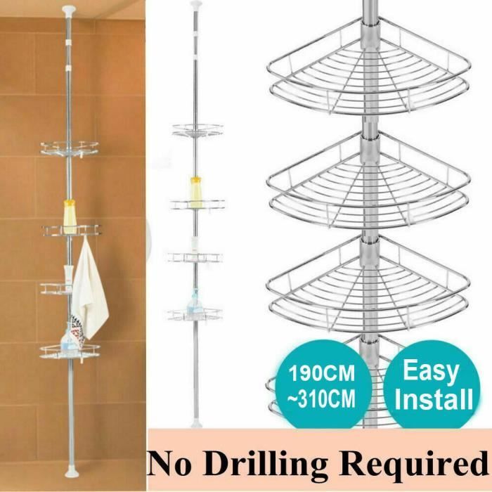 Etagère de Douche, Etagère d´angle télescopique en acier inoxydable 4 tablettes blanc 190cm - 310cm Hauteur Réglable