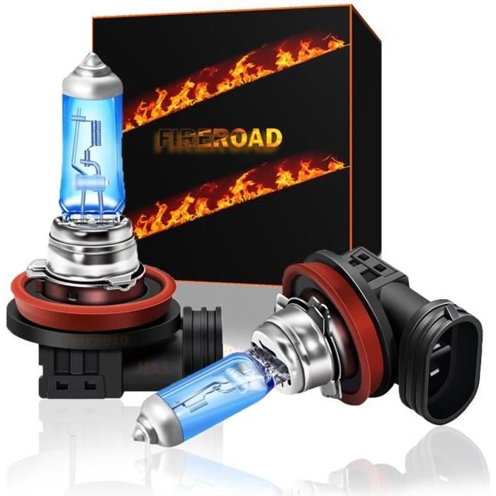 Ampoule H11 voiture 2Pcs 6000K auto BLANC effet xenon halogène 55W SUPER WHITE norme Française FIREROAD®