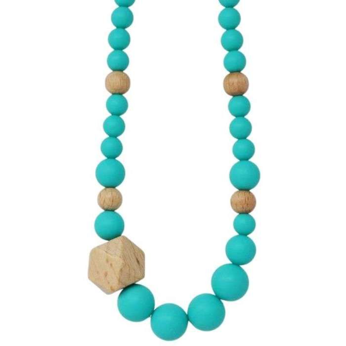 Collier d'allaitement - bijou silicone de dentition - Bleu turquoise -bois - sans BPA ni phtalates certifié en laboratoire français