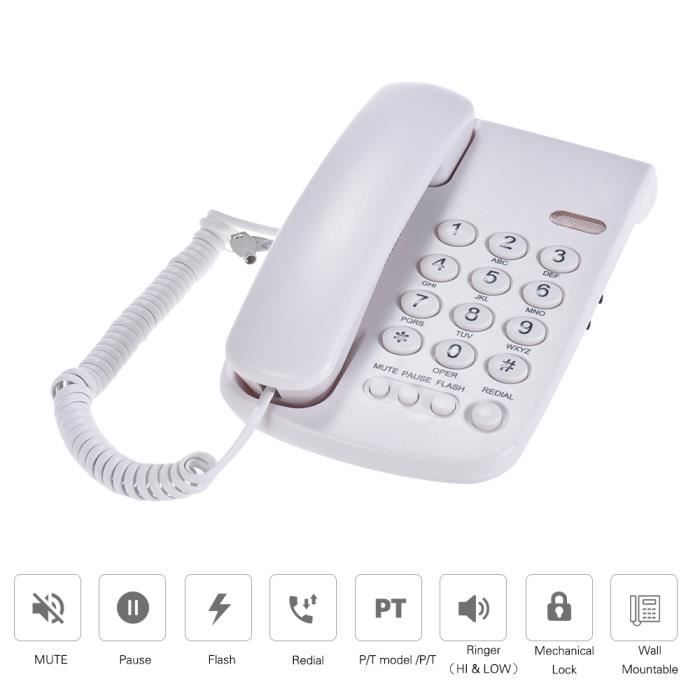Téléphone filaire portable Pause/Recomposition/Flash/Muet Combiné de base mural pour Maison Centre d'appels Bureau Hôtel etc.
