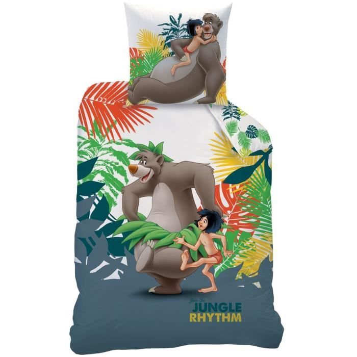 LE LIVRE DE LA JUNGLE - Parure de lit : Housse de Couette (140x200) + Taie d'Oreiller (63x63) - 100% Coton - imprimé Mowgli Rythm
