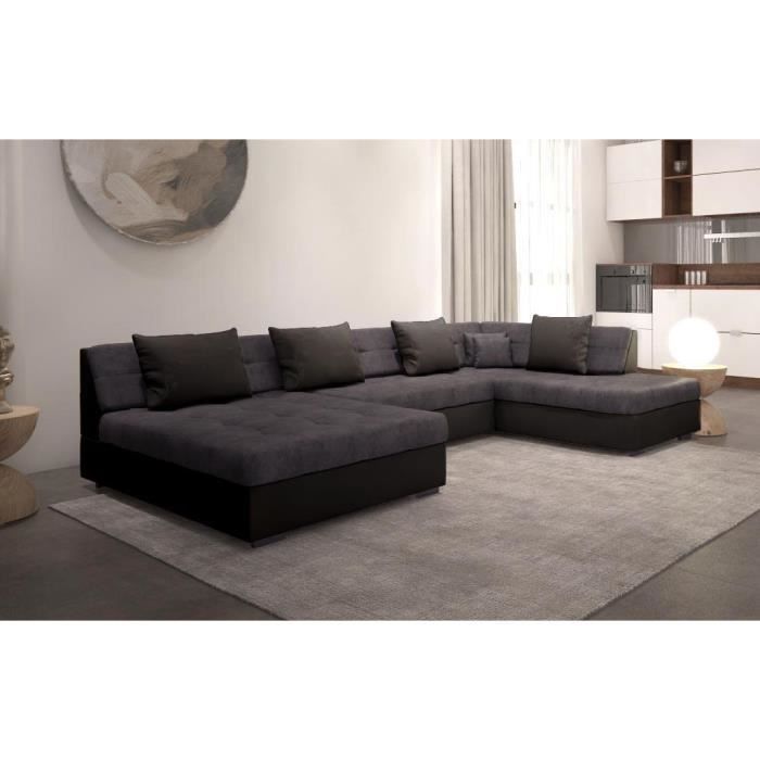 OTIA - Canapé d'angle panoramique et Convertible XXL en U - en Simili et Tissu - Angle Droit (Gris et noir)