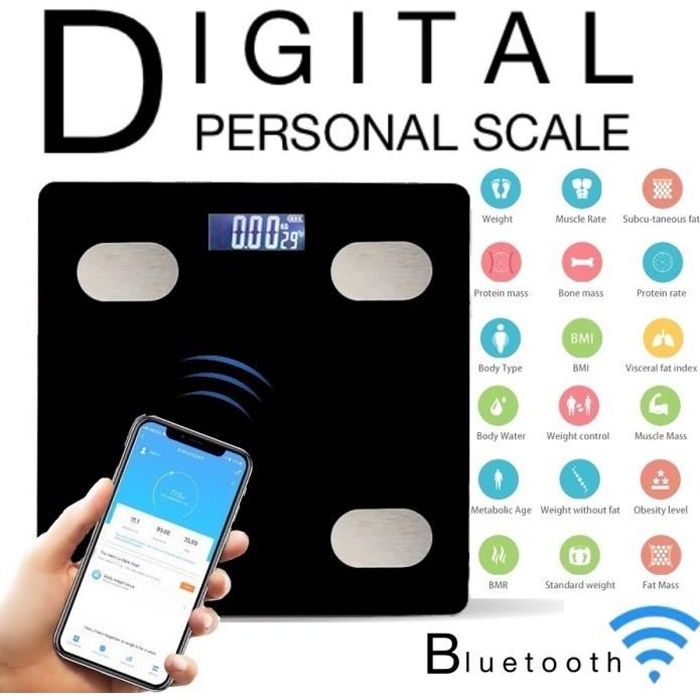Pèse Personne Connecté, Balance Impédancemètre Numérique APP 13 Indices Corporelles Grand Écran LCD Charge MAX.180kg