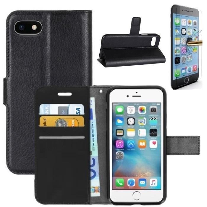 Coque iPhone 7 PLUS Rabat Portefeuille Noir + Verre trempé