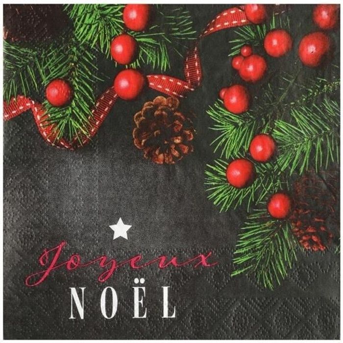 Serviette de table Joyeux Noël avec décoration baies (x20) REF/7422