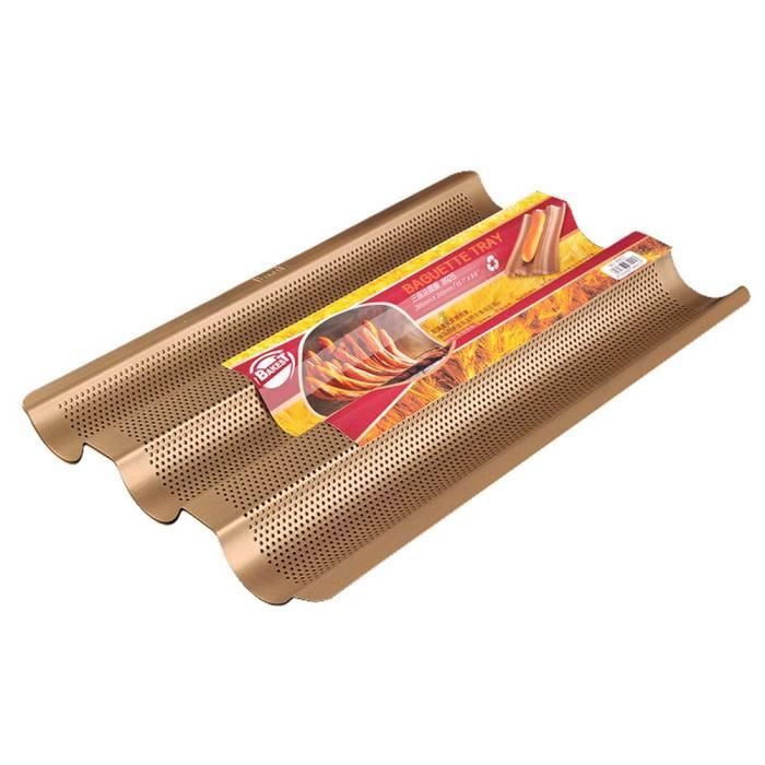 Baguette Moule à pain perforé en acier inoxydable anti-adhésif pour pâtisserie 3 pains ondulés free size doré