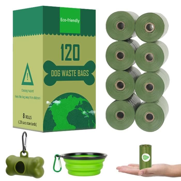 Yolistar Lot de 120 Sac à Déjections Canines Biodégradables pour Dog Cat avec 1 Distributeur + 1 Bol Pliable pour Chien (Vert)
