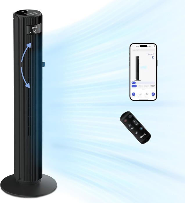 DREO ventilateur colonne intelligent pour chambre à coucher, ventilateur sur pied silencieux de 28 dB, portée