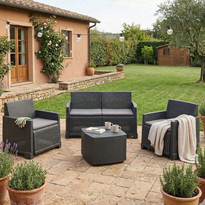 Ensemble Salon de Jardin Amer Dmora en Plastique Noir Anthracite