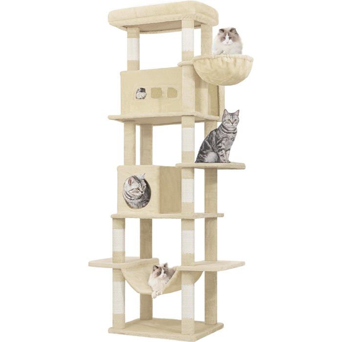 210 cm Grand Arbre à Chat Tour à Chat pour Chats dintérieur avec Grand Perchoir Tapis Lavable 2 Niches Chats Hamac Beige