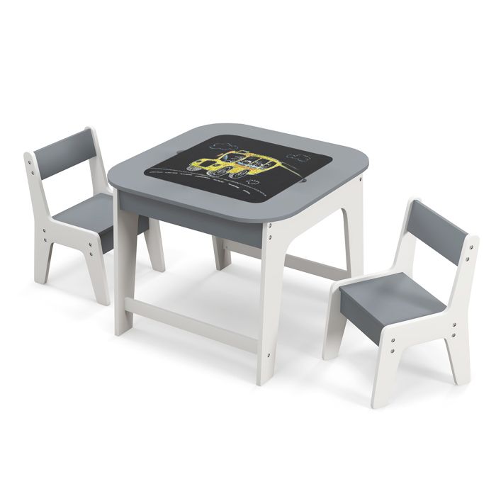 COSTWAY Table et 2 Chaises Enfants 3-6 Ans - Plateau 2 Face : Noir et Blanc - Dessin Effaçable- Espace de Rangement Caché - Gris