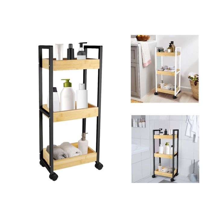 NOIR Desserte de Salle de Bain Étagère Mince de Cuisine Chariot de Rangement à 3 Niveaux roulant Colonne etroit et meuble mobile