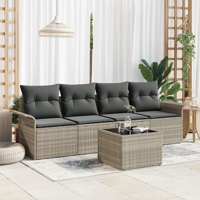 vidaXL Ensemble de canapé de jardin de 5 pièces avec coussins gris clair en poly rotin 3345232