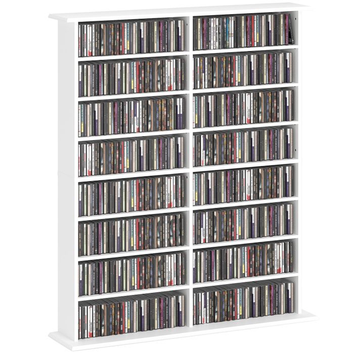 Rangements pour CD et DVD - HOMCOM - 16 compartiments et 12 étagères réglables - capacité max. 720 CD/396 DVD et Blu-ray - blanc
