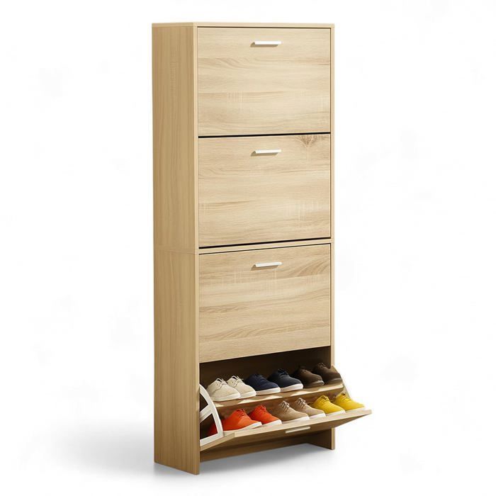 Meuble à Chaussures étroit En Bois Et Cannage 80x24.5x109 Cm - Avec Tiroir, étagères Réglables - Pour Entrée Ou Couloir