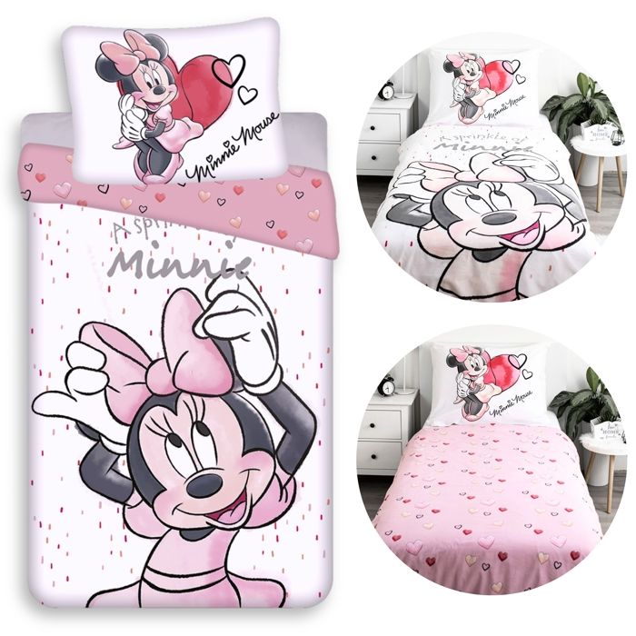 DISNEY Minnie Mouse Literie pour enfants réversible blanc et rose avec fermeture éclair 100% COTON 140x200+70x90 cm OEKO-TEX