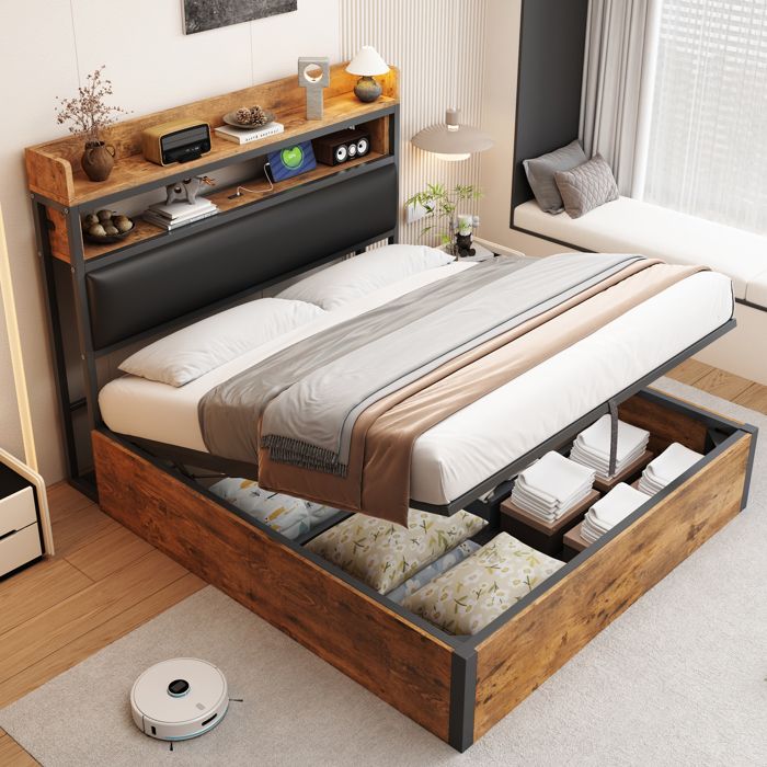 Lit rembourré 140x200 coffre hydraulique tête avec USB bois & métal noir - sans matelas