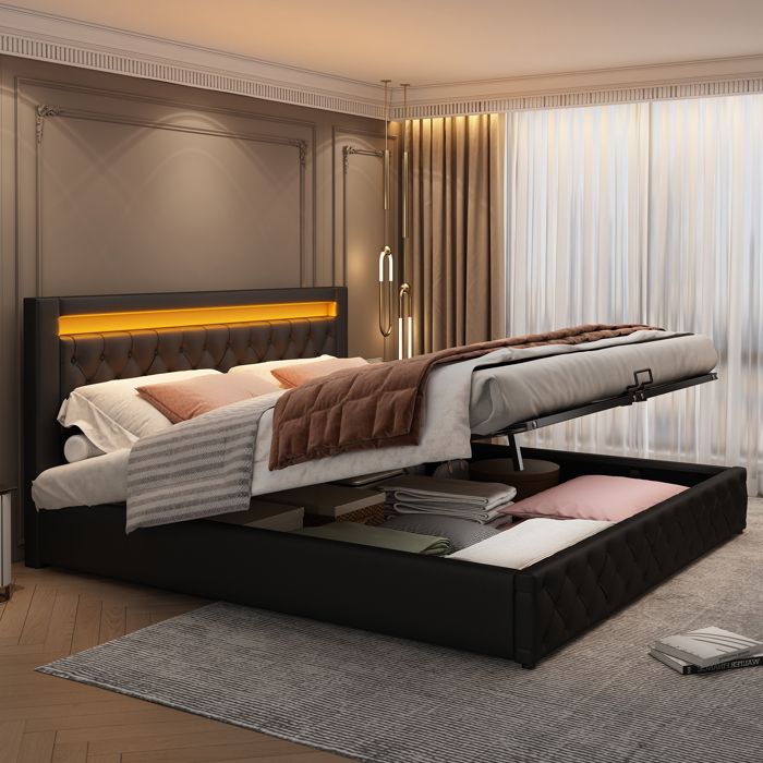 Lit capitonné 180x200 noir en PU avec sommier à lattes coffre de rangement et LED multicolore – sans matelas