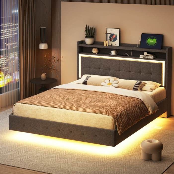 Lit double rembourré 140 x 200 cm avec éclairage LED et avec prise USB Lit 2 Personnes avec Tête de lit avec étagère Lin Gris