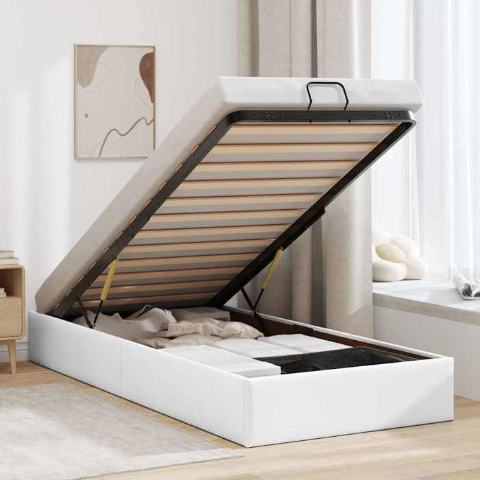 Structure de lit ottoman - UU - Similicuir - Blanc - 80x200 cm - Rangement sous le lit - Mécanisme de levage hydraulique