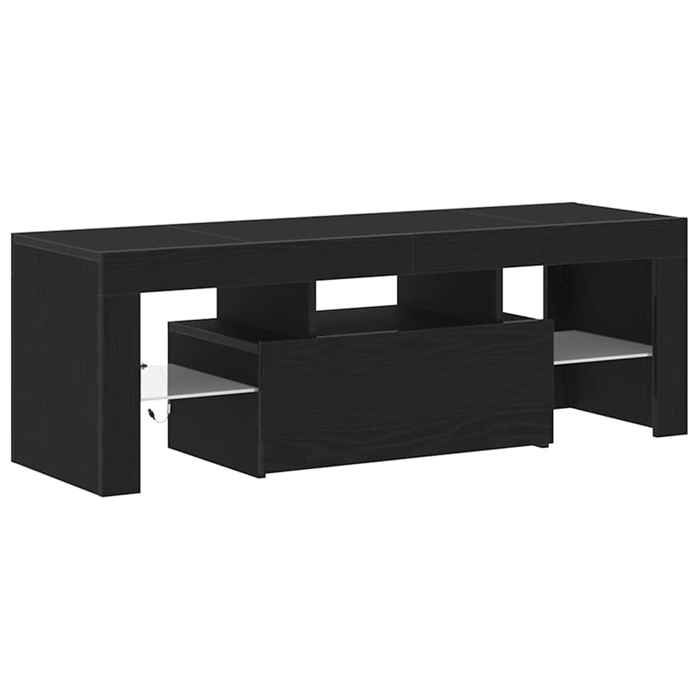 Meuble TV en bois dingénierie - WIENS - Chêne noir - 120x35x40 cm - Éclairage LED - Porte affleurante - 3 étagères