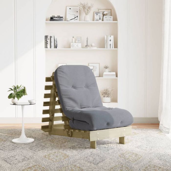 Canapé-lit futon 1 place en pin massif avec matelas gris 60x200x8 cm - dossier inclinable