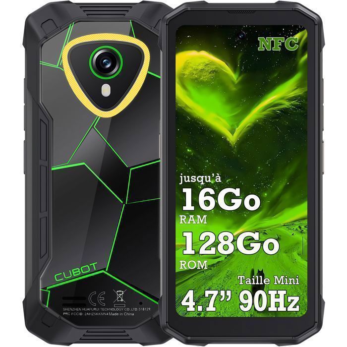 CUBOT Kingkong Mini 4 Telephone Portable Incassable 16Go + 128Go 4.7 90Hz 48MP 4700mAh Smartphone IP68 4G Double SIM NFC GPS Vert