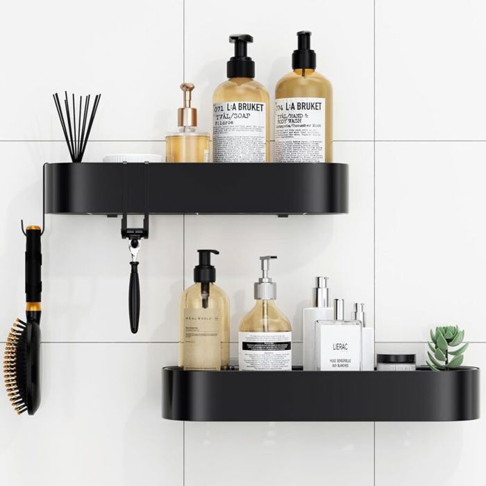 Etagere Douche sans Percage 2 Pièces Etagere Salle de Bain Antirouille avec 4 Crochets 38 5-40 cm Grande Capacité Rangement Sall