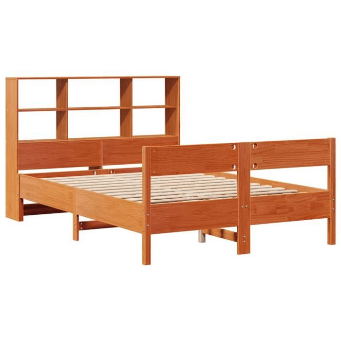 2 Places - Lit bibliothèque double - VIDAXL - Tête de lit rangement - cire marron - 140x190 cm - pin massif FR_002214671
