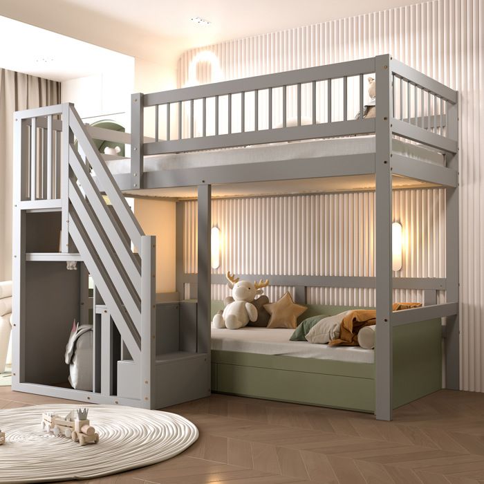 Lit mezzanine enfant en bois 90×200 cm 1 personne. avec rangement. lit ado. sans matelas. antichute. gris