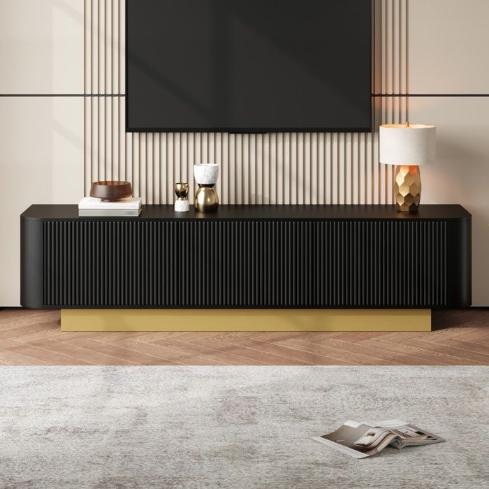 Meuble TV 170x40 5x47cm moderne avec coins arrondis et 3 portes texture rainurée gestion des câbles en MDF Noir
