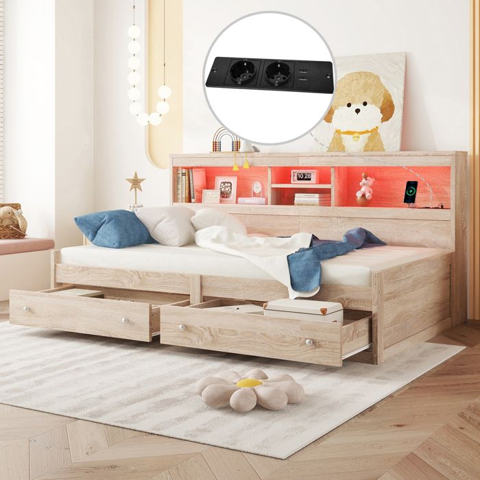 Lit Banquette 90x200 cm  Lit enfant/Ado avec Ports USB et Éclairage LED  Sans Matelas Structure MDF Solide  Finition Naturelle