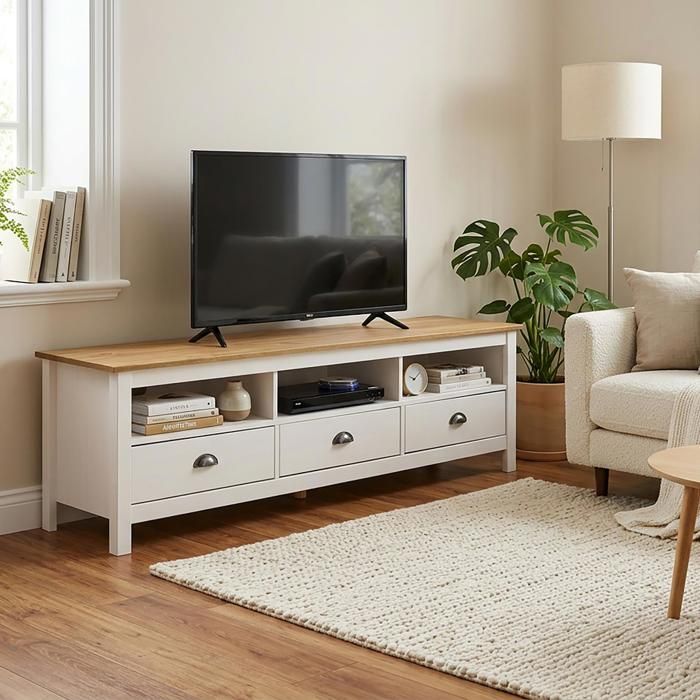 Meuble TV CAMPO L 159 cm avec 3 Tiroirs et 3 Niches en Bois Massif Couleur Blanc et Brun Pour Téléviseurs jusquà 70 Meuble TV CAMPO L 159 cm avec 3 Tiroirs et 3 Niches en Bois Massif Couleur Blanc et Brun Pour Téléviseurs jusquà 70