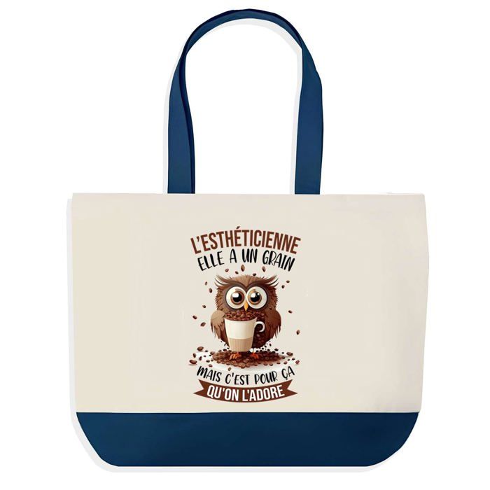 Sac shopping fond bleu Esthéticienne Chouette Grain Collègue Départ Cadeau Anniversaire Noël Grand Sac Courses Cabas
