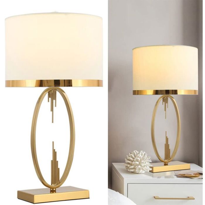 Lampe de table moderne - DEKOPRO - Métal et tissu - Abat-jour en lin - Hauteur 48 cm - Diamètre 25 cm - Base E27