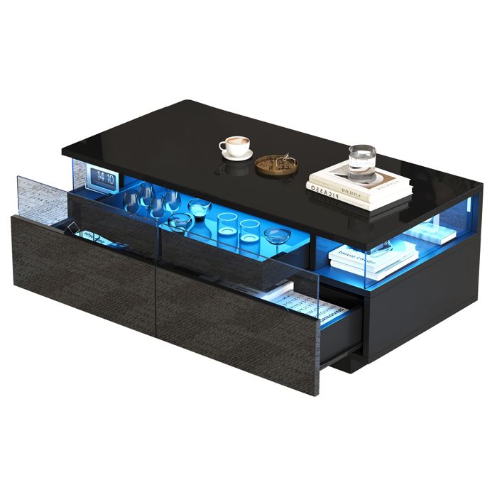 Couchtisch noir 90x45x355 cm avec 2 tiroirs plateau amovible en verre trempé et lumière LED pour salon moderne